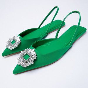 NWD Zara Sparkly Low-Heeled Mules in green with rhinestones, dress flats…